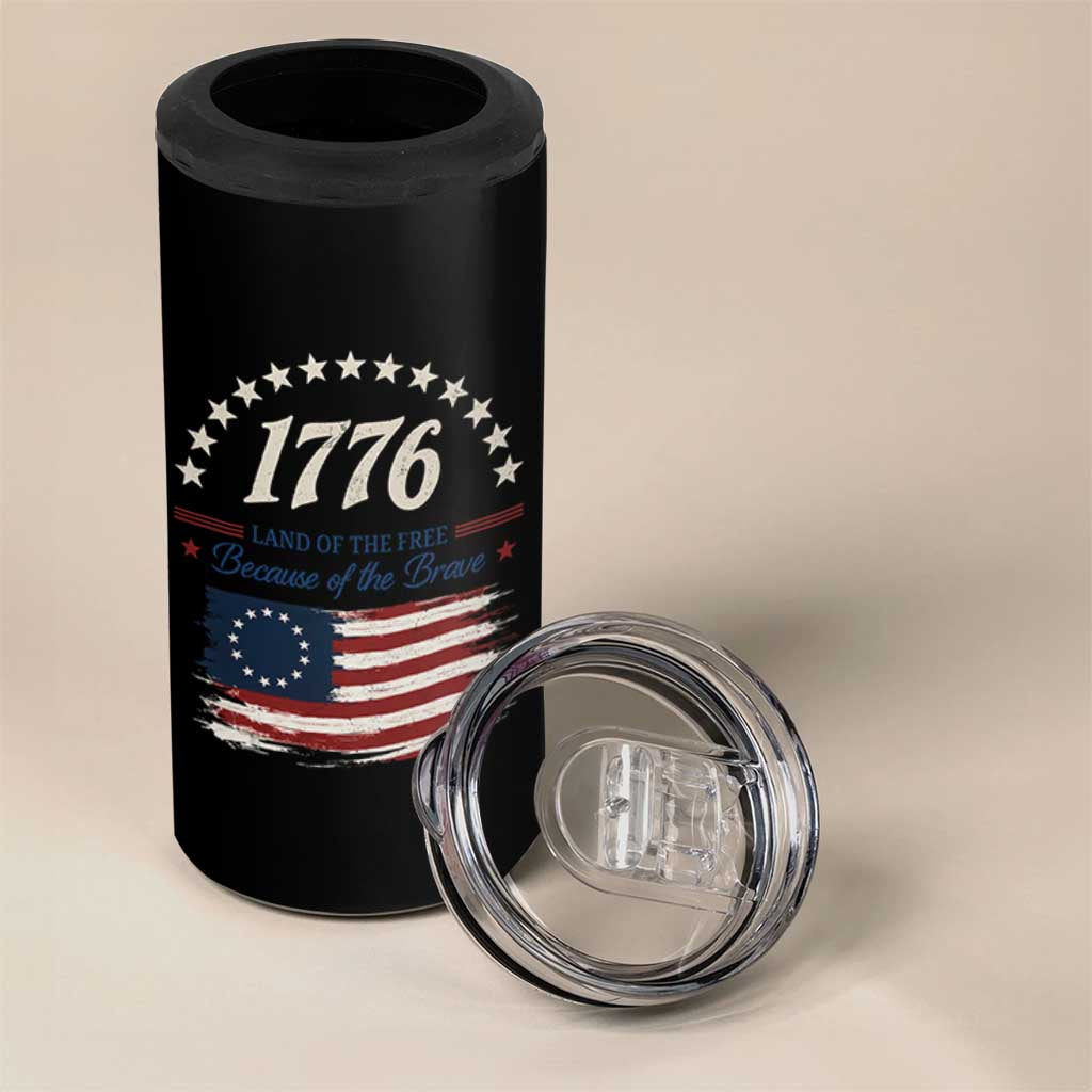 1776 Land of the Free Distressed Arch Graphic 4 in 1 Can Cooler Tumbler Vintage Betsy Ross American Flag Stars Retro Patriotic