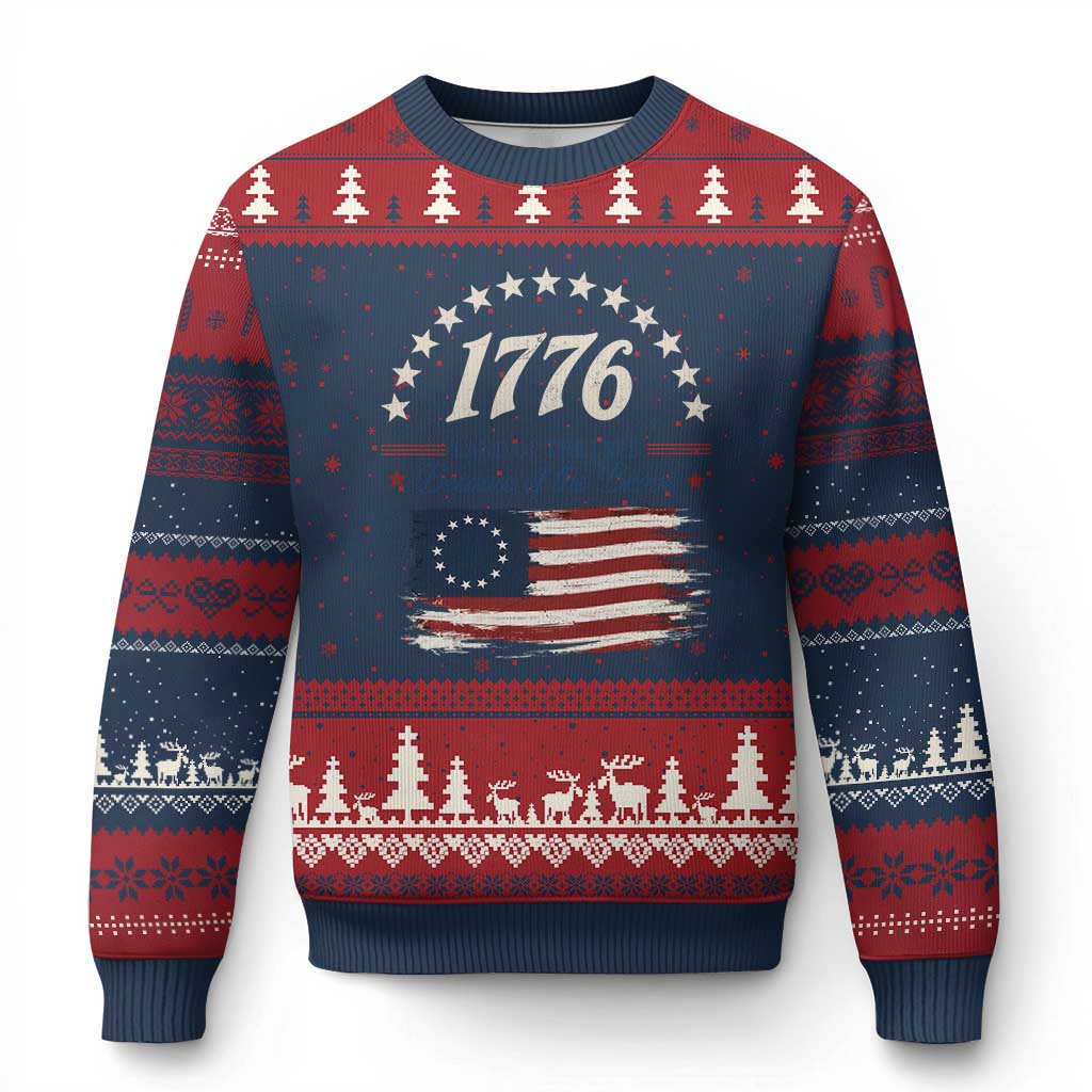 1776 Land of the Free Distressed Arch Graphic Ugly Christmas Sweater Vintage Betsy Ross American Flag Stars Retro Patriotic