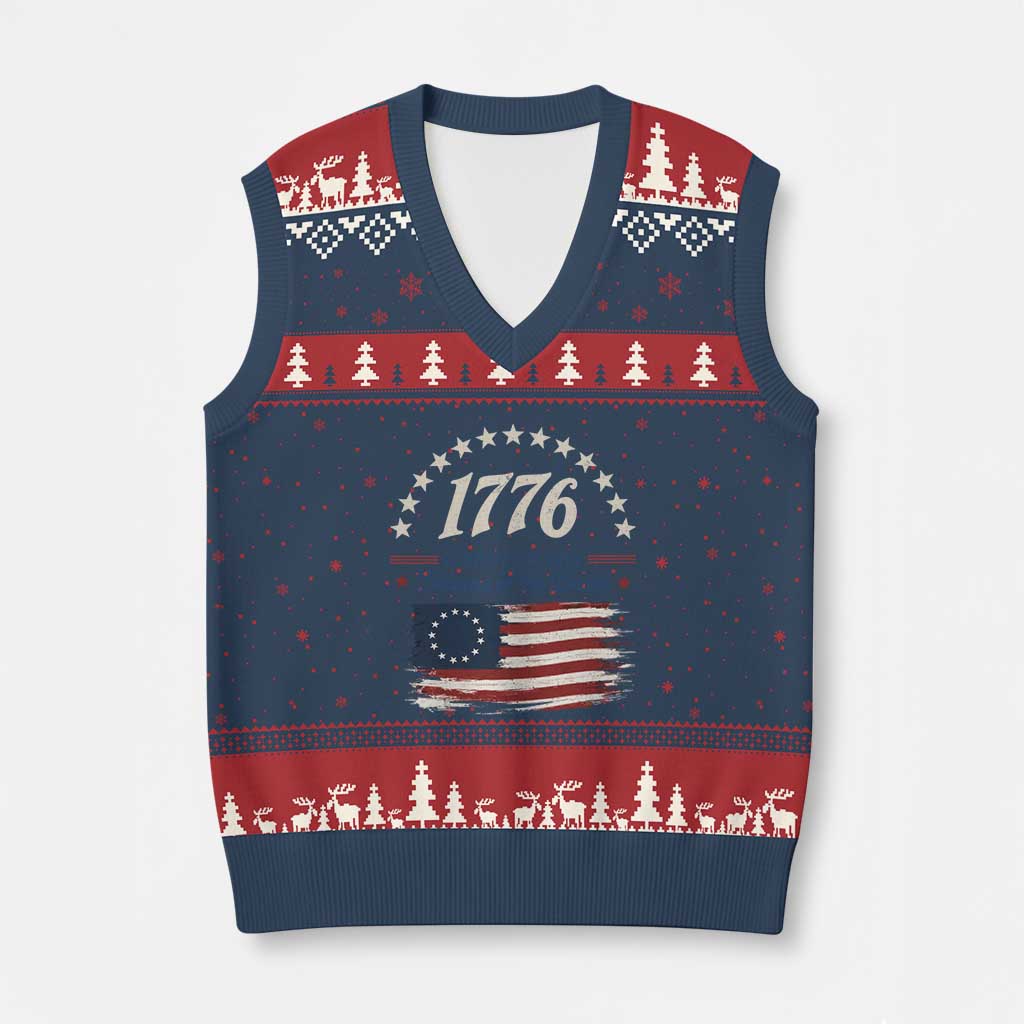 1776 Land of the Free Distressed Arch Graphic V-Neck Knit Sweater Vest Vintage Betsy Ross American Flag Stars Retro Patriotic