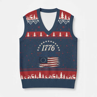 1776 Land of the Free Distressed Arch Graphic V-Neck Knit Sweater Vest Vintage Betsy Ross American Flag Stars Retro Patriotic