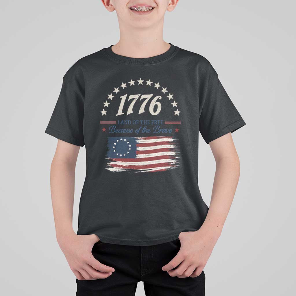 1776 Land of the Free Distressed Arch Graphic T Shirt For Kid Vintage Betsy Ross American Flag Stars Retro Patriotic