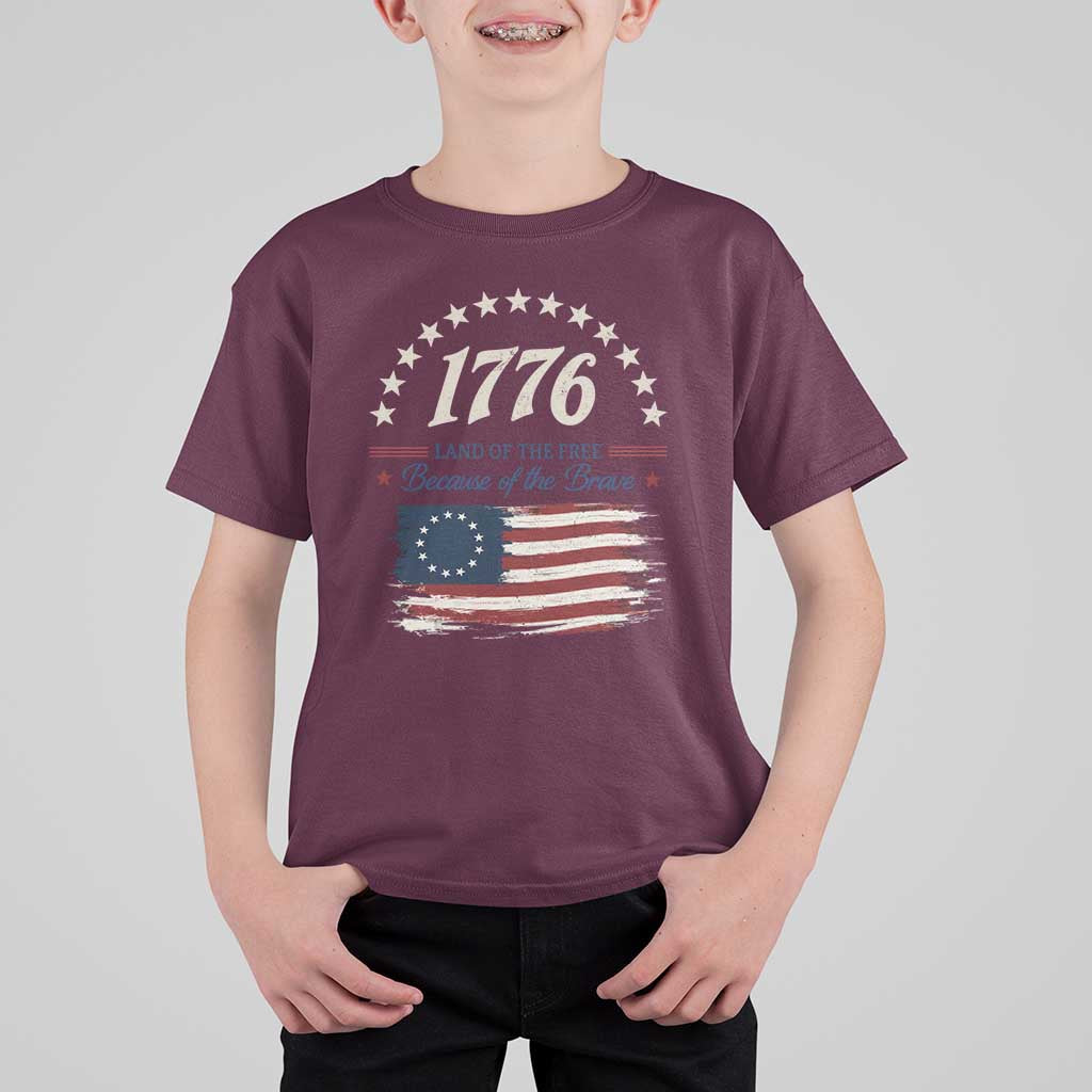 1776 Land of the Free Distressed Arch Graphic T Shirt For Kid Vintage Betsy Ross American Flag Stars Retro Patriotic
