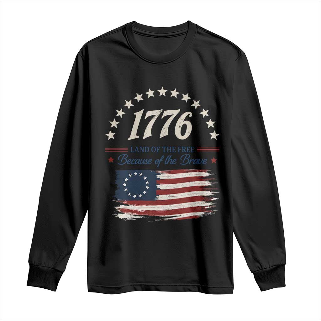 1776 Land of the Free Distressed Arch Graphic Long Sleeve Shirt Vintage Betsy Ross American Flag Stars Retro Patriotic