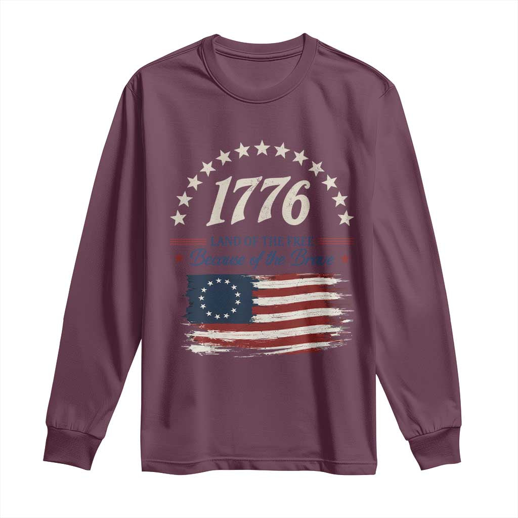 1776 Land of the Free Distressed Arch Graphic Long Sleeve Shirt Vintage Betsy Ross American Flag Stars Retro Patriotic