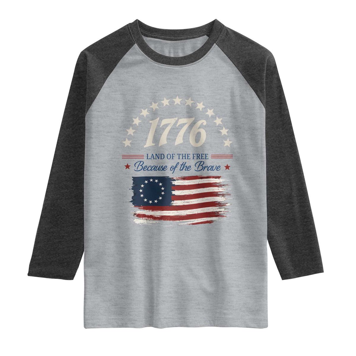 1776 Land of the Free Distressed Arch Graphic Raglan Shirt Vintage Betsy Ross American Flag Stars Retro Patriotic