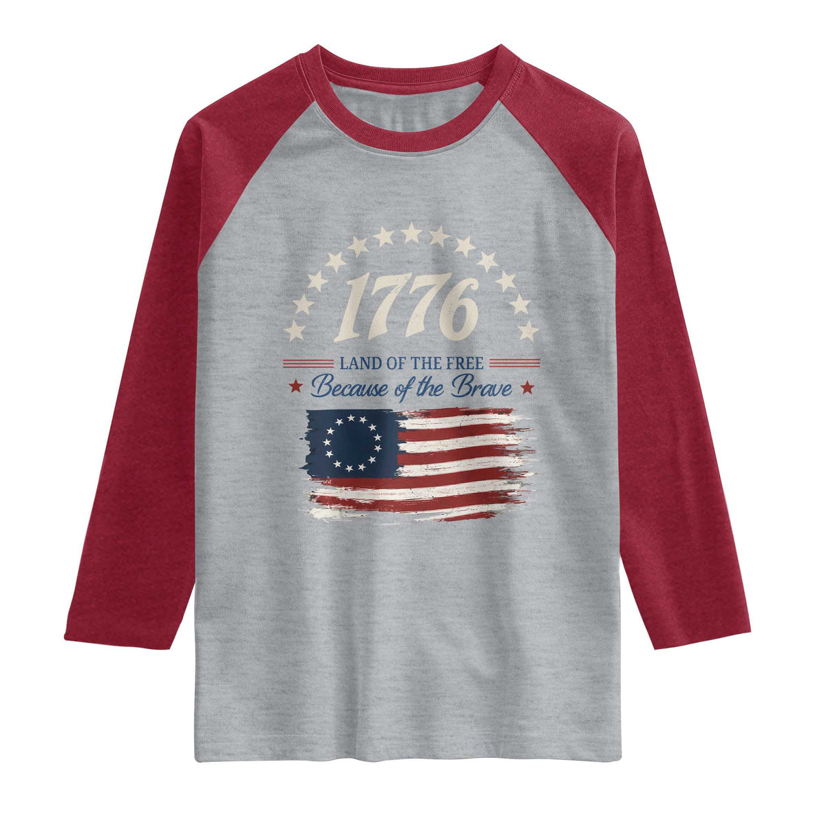 1776 Land of the Free Distressed Arch Graphic Raglan Shirt Vintage Betsy Ross American Flag Stars Retro Patriotic