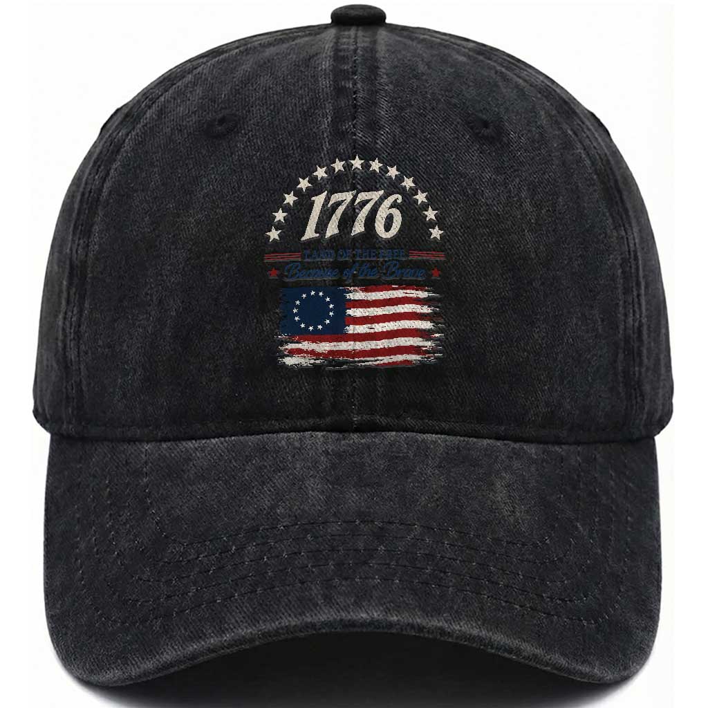 1776 Land of the Free Distressed Arch Graphic Washed Cotton Baseball Cap Vintage Betsy Ross American Flag Stars Retro Patriotic