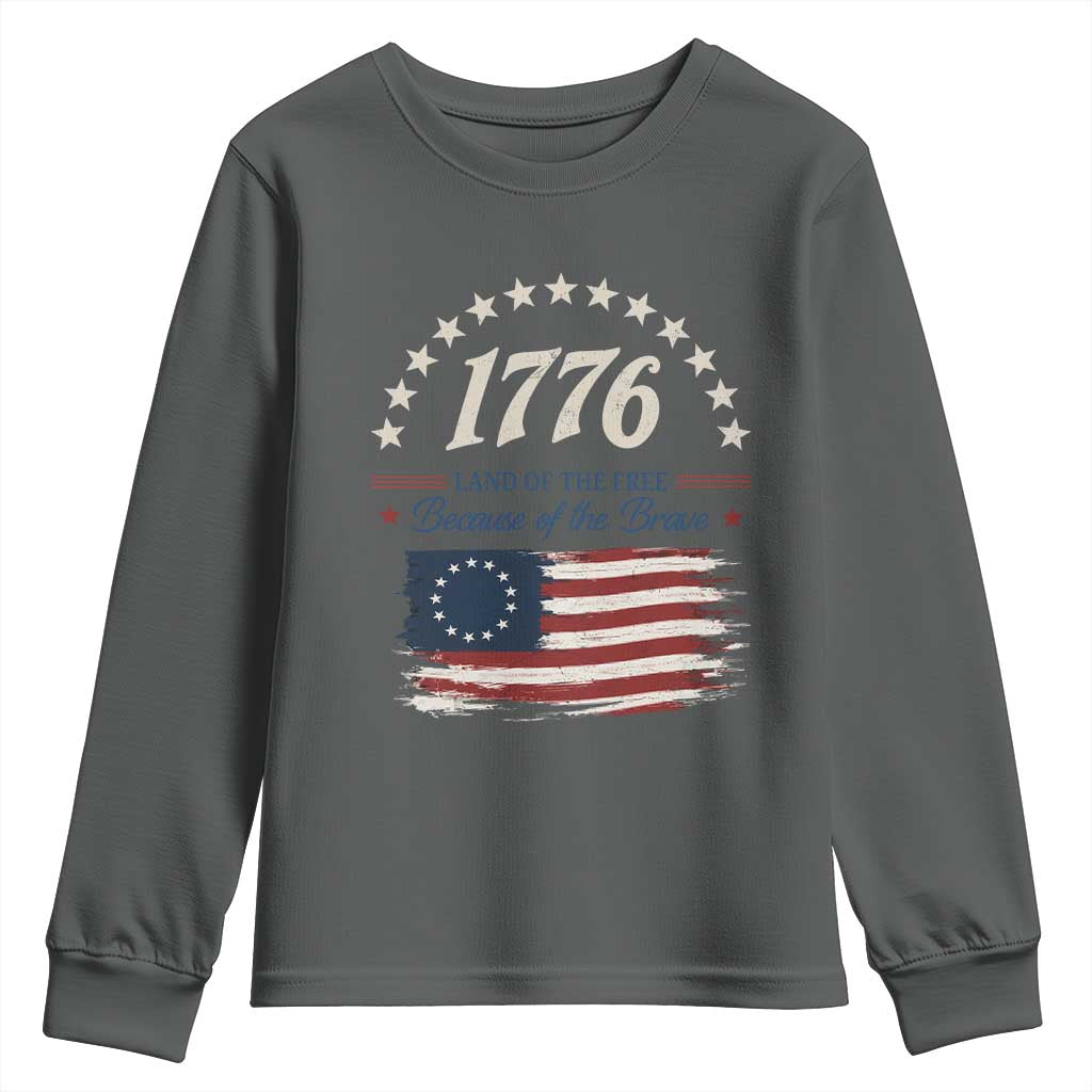 1776 Land of the Free Distressed Arch Graphic Youth Sweatshirt Vintage Betsy Ross American Flag Stars Retro Patriotic