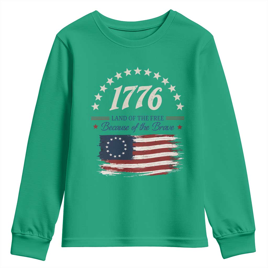 1776 Land of the Free Distressed Arch Graphic Youth Sweatshirt Vintage Betsy Ross American Flag Stars Retro Patriotic
