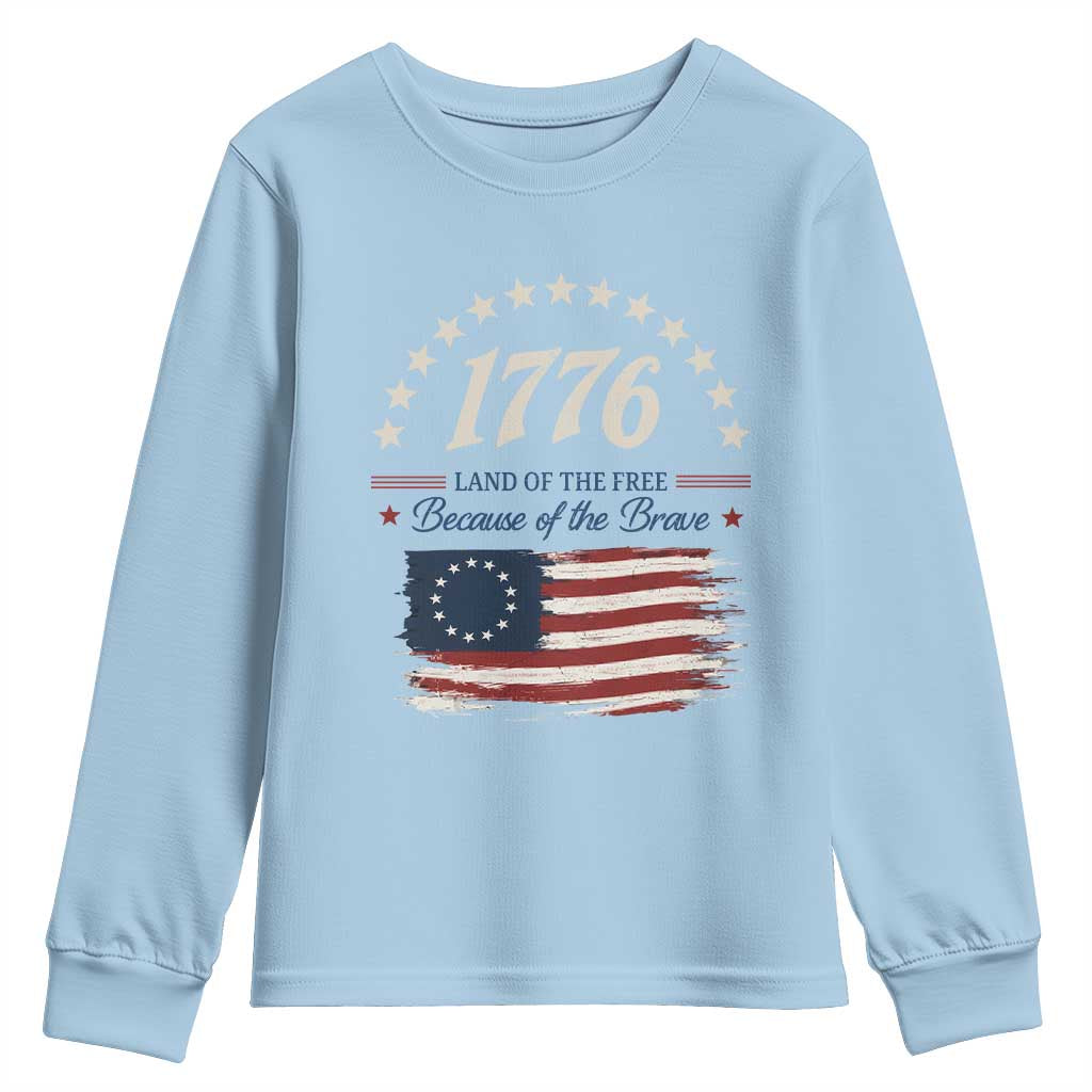 1776 Land of the Free Distressed Arch Graphic Youth Sweatshirt Vintage Betsy Ross American Flag Stars Retro Patriotic