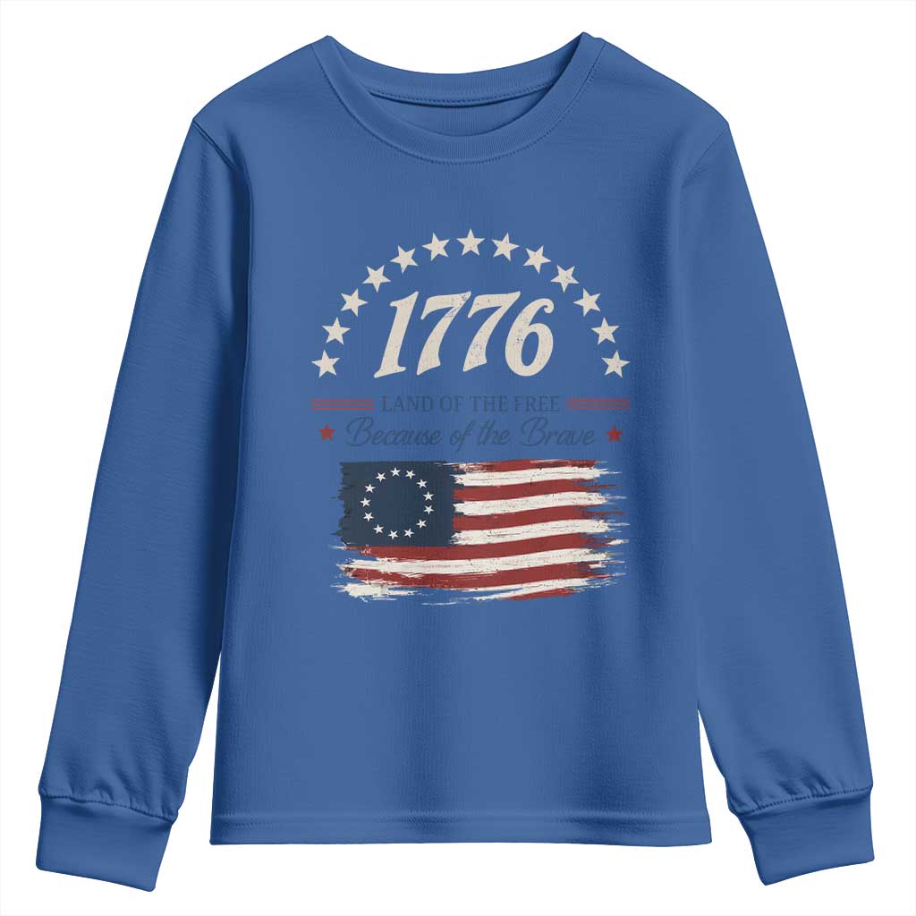 1776 Land of the Free Distressed Arch Graphic Youth Sweatshirt Vintage Betsy Ross American Flag Stars Retro Patriotic