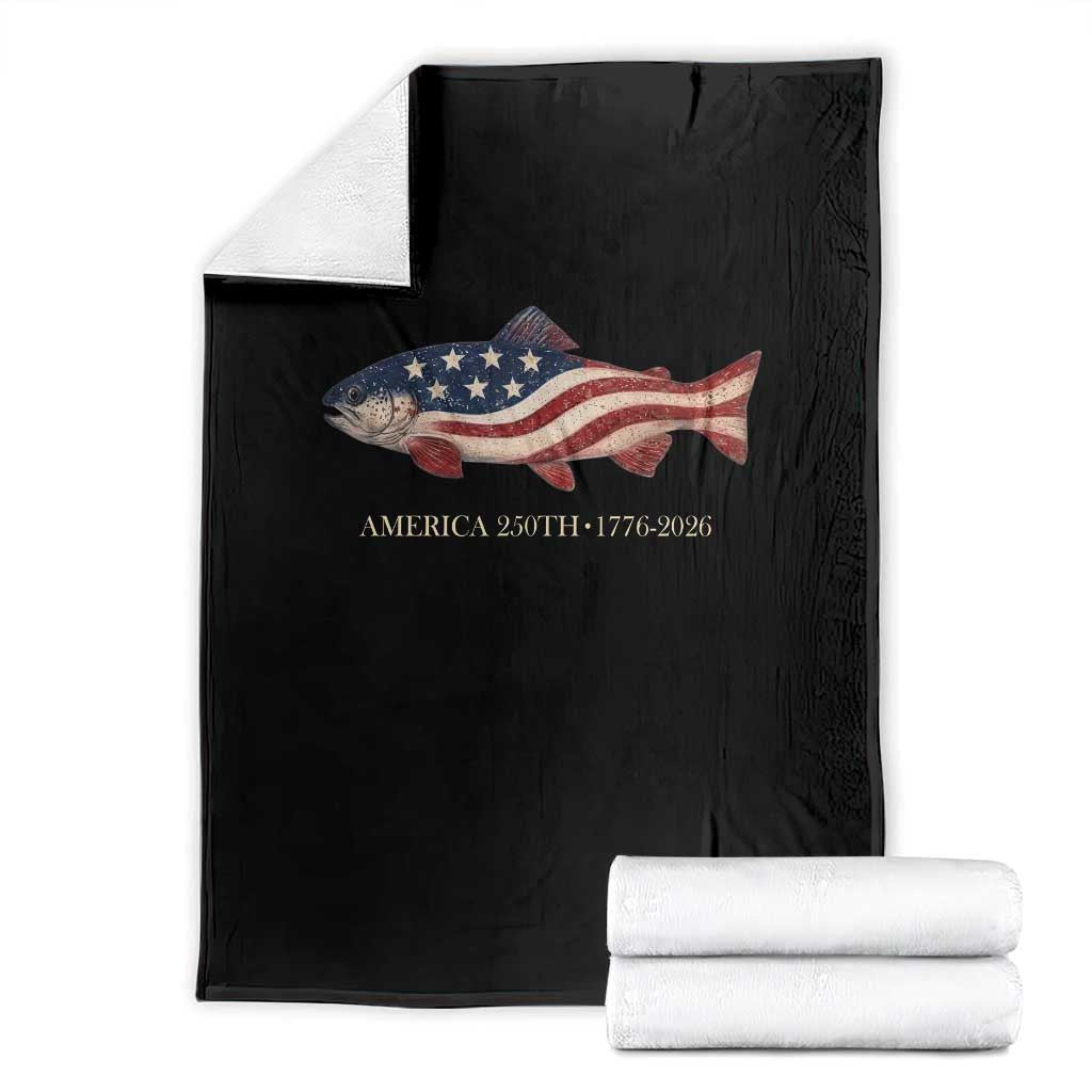 America 250th Anniversary Patriotic Fish Graphic Throw Blanket American Flag Salmon Trout Fishing 1776 to 2026 Semiquincentennial