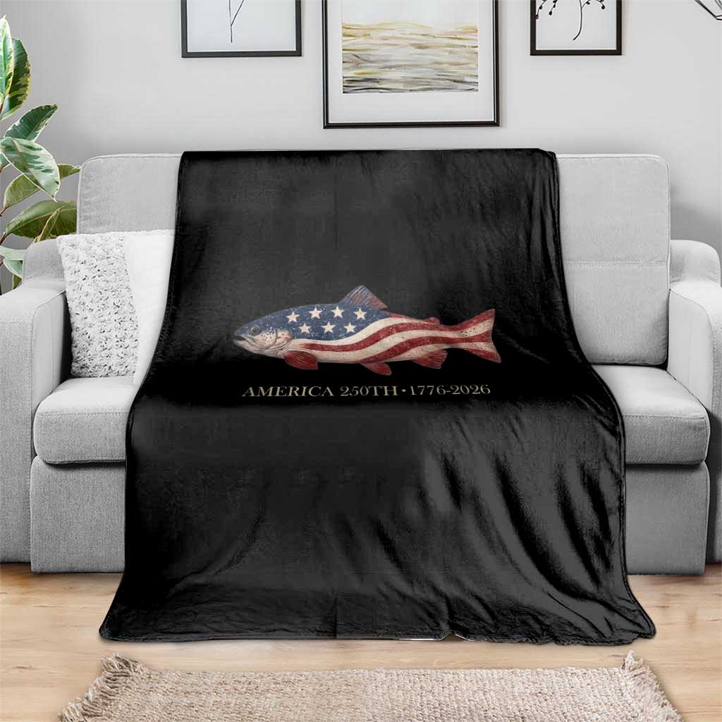 America 250th Anniversary Patriotic Fish Graphic Throw Blanket American Flag Salmon Trout Fishing 1776 to 2026 Semiquincentennial