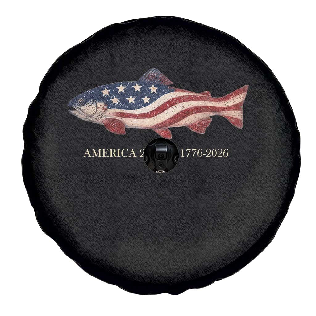 America 250th Anniversary Patriotic Fish Graphic Spare Tire Cover American Flag Salmon Trout Fishing 1776 to 2026 Semiquincentennial