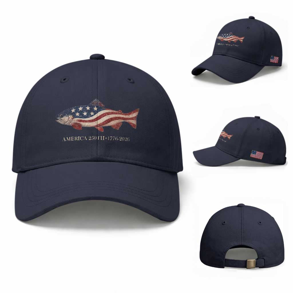 America 250th Anniversary Patriotic Fish Graphic Baseball Cap American Flag Salmon Trout Fishing 1776 to 2026 Semiquincentennial