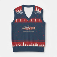 America 250th Anniversary Patriotic Fish Graphic V-Neck Knit Sweater Vest American Flag Salmon Trout Fishing 1776 to 2026 Semiquincentennial