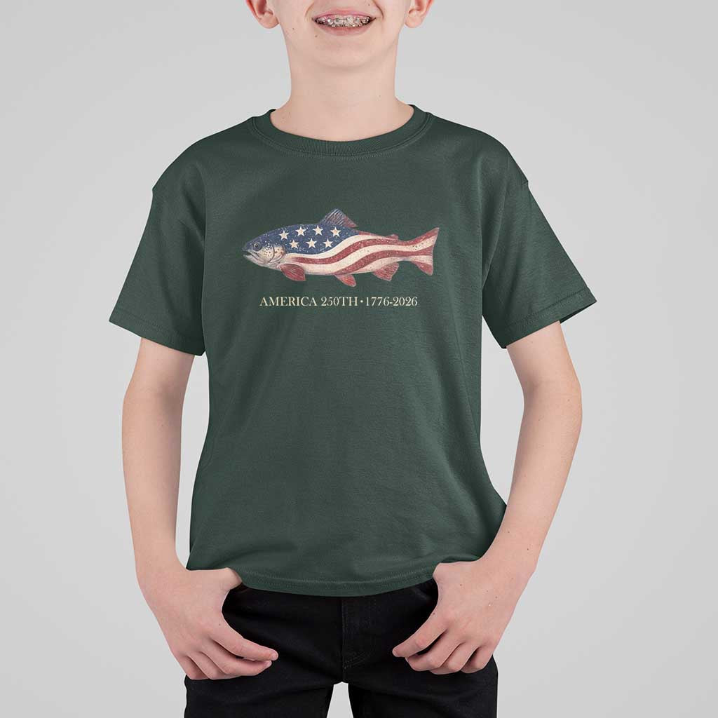 America 250th Anniversary Patriotic Fish Graphic T Shirt For Kid American Flag Salmon Trout Fishing 1776 to 2026 Semiquincentennial