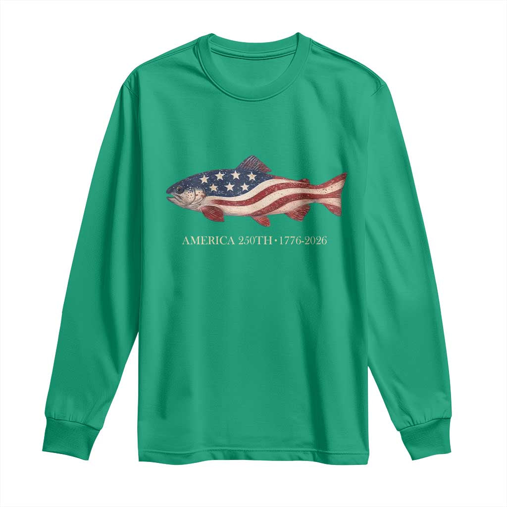 America 250th Anniversary Patriotic Fish Graphic Long Sleeve Shirt American Flag Salmon Trout Fishing 1776 to 2026 Semiquincentennial