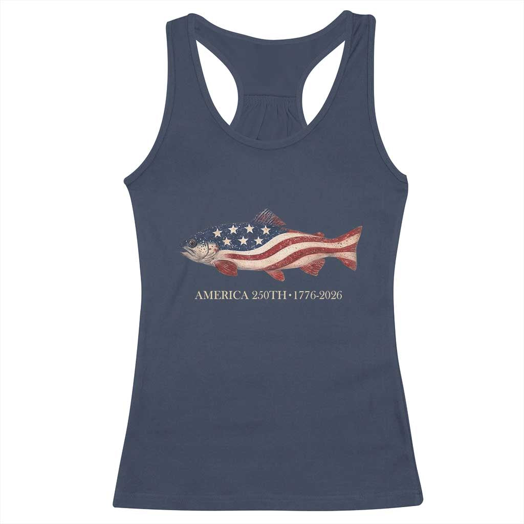 America 250th Anniversary Patriotic Fish Graphic Racerback Tank Top American Flag Salmon Trout Fishing 1776 to 2026 Semiquincentennial