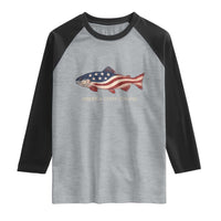 America 250th Anniversary Patriotic Fish Graphic Raglan Shirt American Flag Salmon Trout Fishing 1776 to 2026 Semiquincentennial