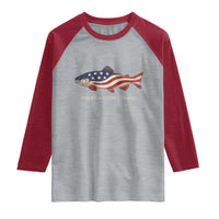 America 250th Anniversary Patriotic Fish Graphic Raglan Shirt American Flag Salmon Trout Fishing 1776 to 2026 Semiquincentennial