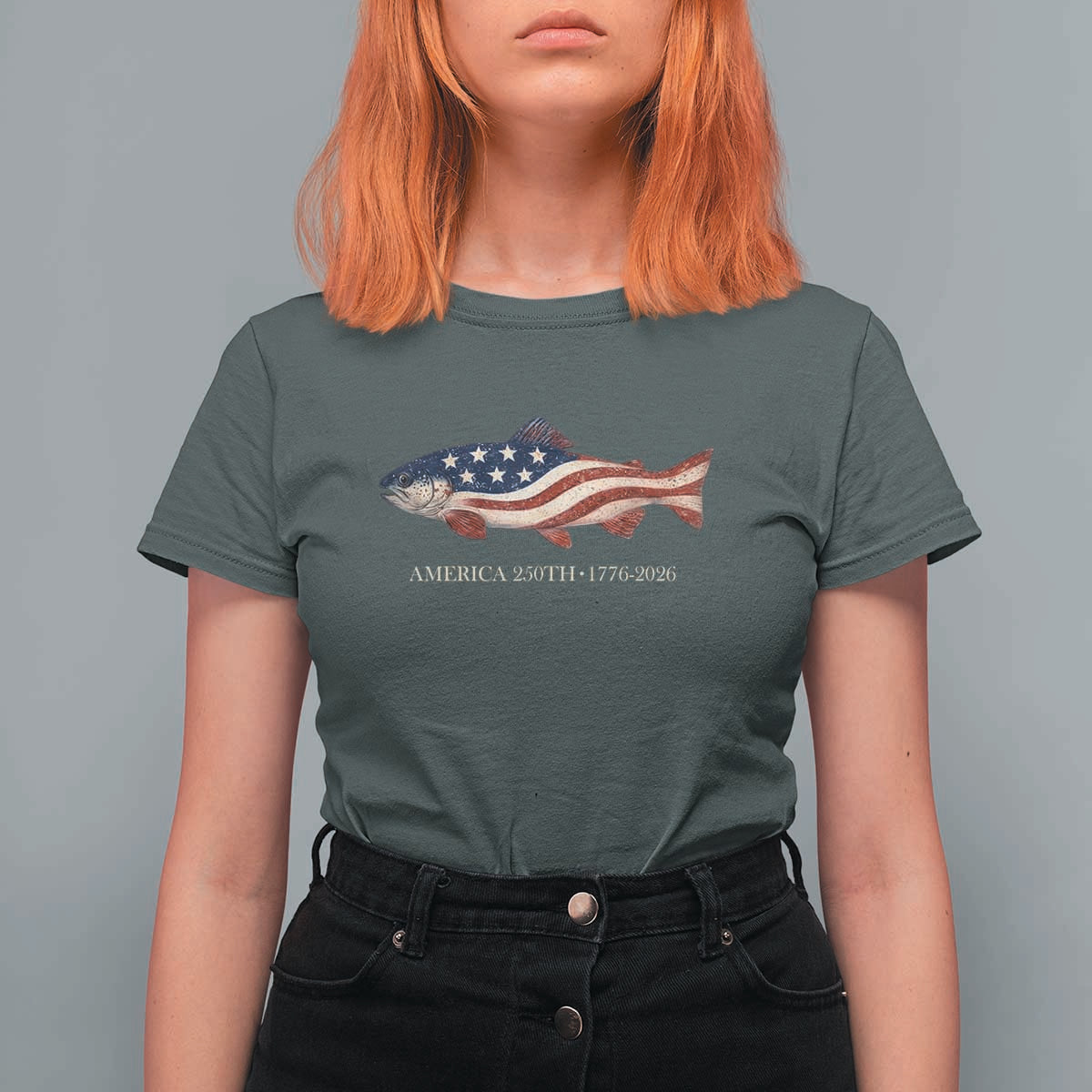 America 250th Anniversary Patriotic Fish Graphic T Shirt For Women American Flag Salmon Trout Fishing 1776 to 2026 Semiquincentennial