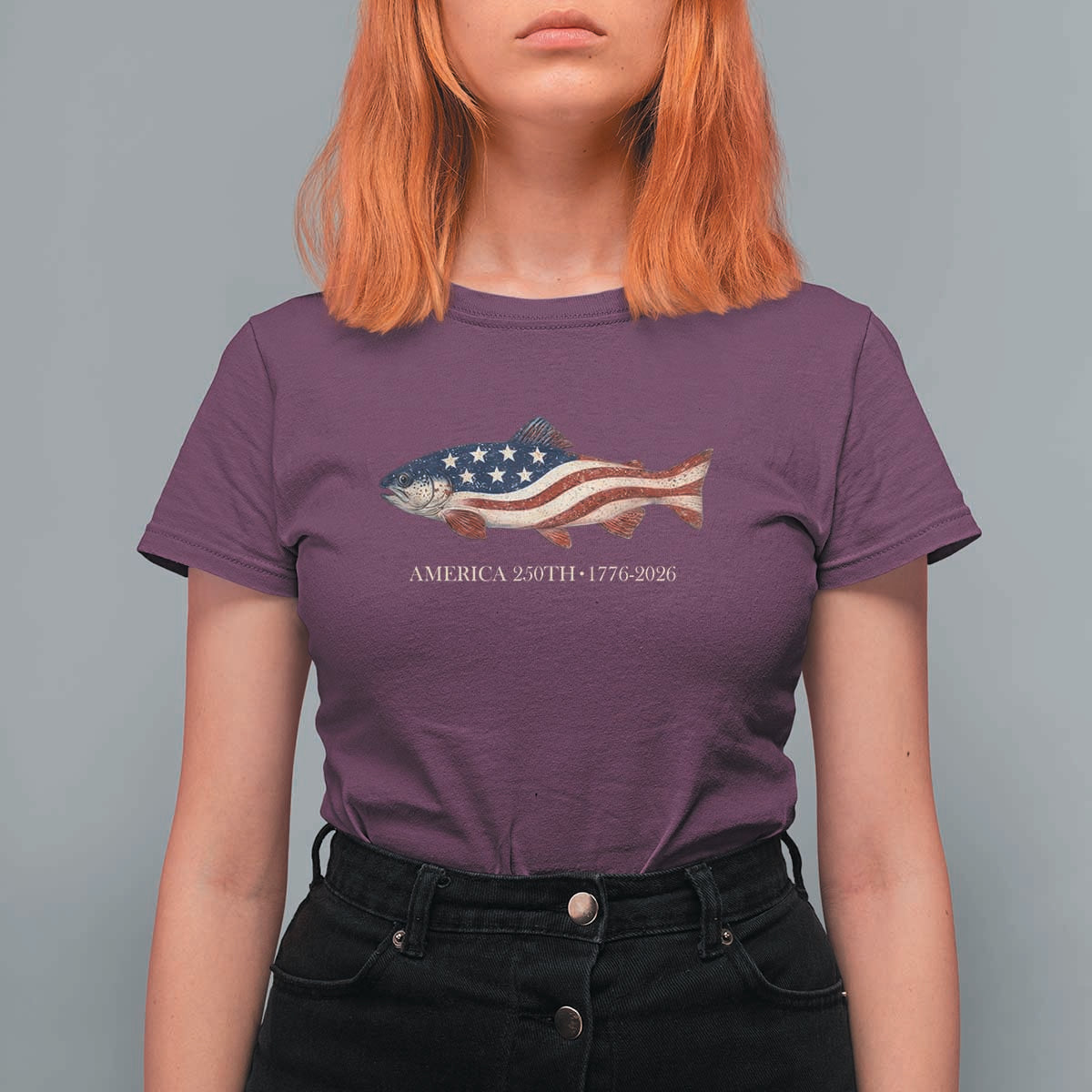 America 250th Anniversary Patriotic Fish Graphic T Shirt For Women American Flag Salmon Trout Fishing 1776 to 2026 Semiquincentennial