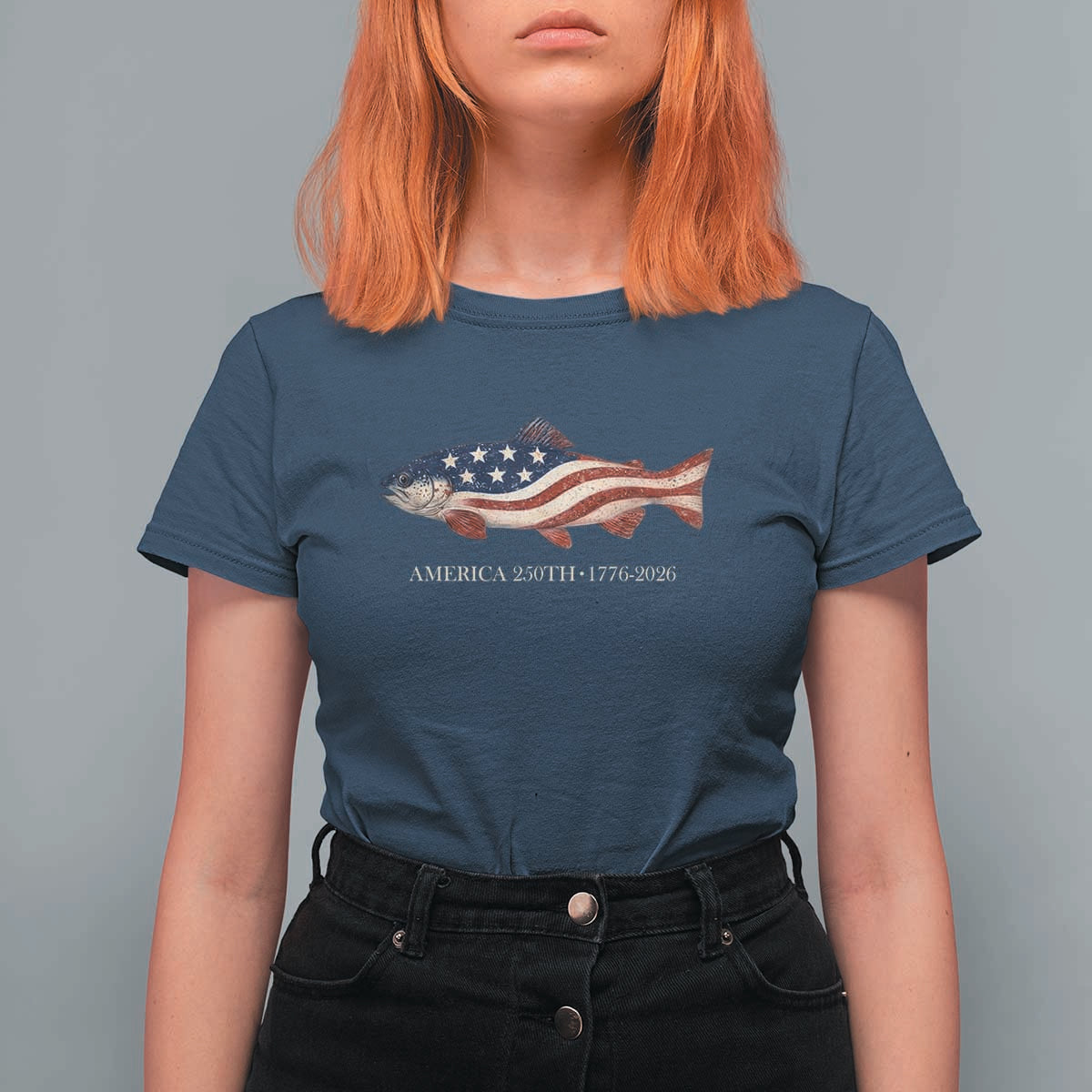 America 250th Anniversary Patriotic Fish Graphic T Shirt For Women American Flag Salmon Trout Fishing 1776 to 2026 Semiquincentennial