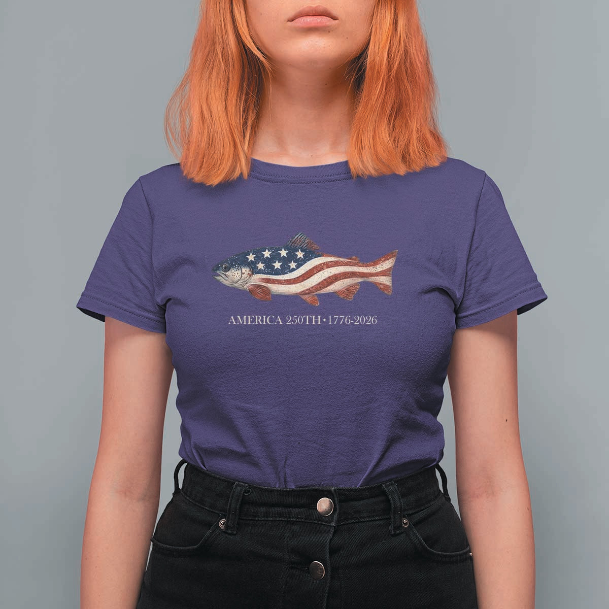 America 250th Anniversary Patriotic Fish Graphic T Shirt For Women American Flag Salmon Trout Fishing 1776 to 2026 Semiquincentennial