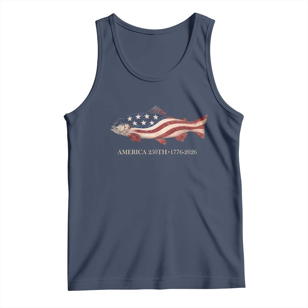 America 250th Anniversary Patriotic Fish Graphic Tank Top American Flag Salmon Trout Fishing 1776 to 2026 Semiquincentennial