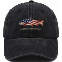 America 250th Anniversary Patriotic Fish Graphic Washed Cotton Baseball Cap American Flag Salmon Trout Fishing 1776 to 2026 Semiquincentennial