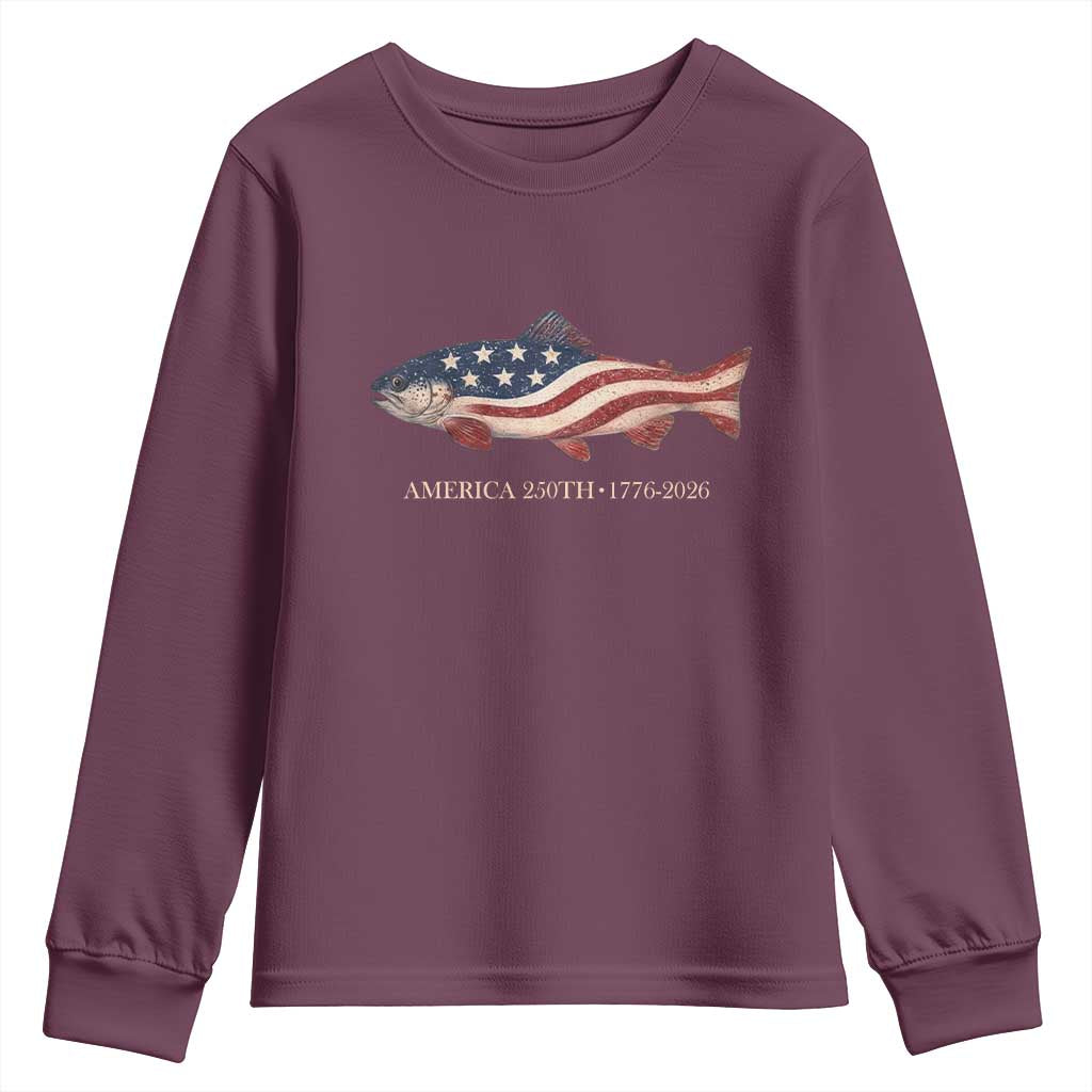 America 250th Anniversary Patriotic Fish Graphic Youth Sweatshirt American Flag Salmon Trout Fishing 1776 to 2026 Semiquincentennial
