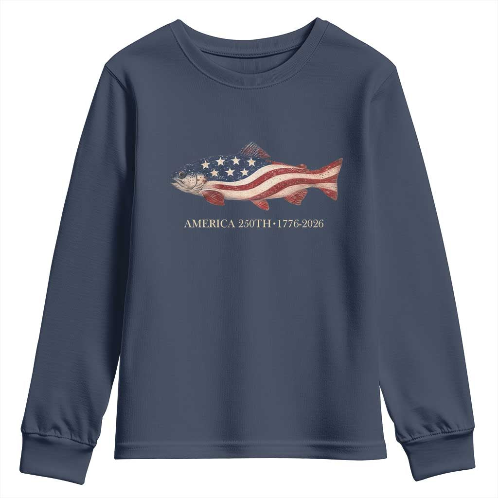America 250th Anniversary Patriotic Fish Graphic Youth Sweatshirt American Flag Salmon Trout Fishing 1776 to 2026 Semiquincentennial