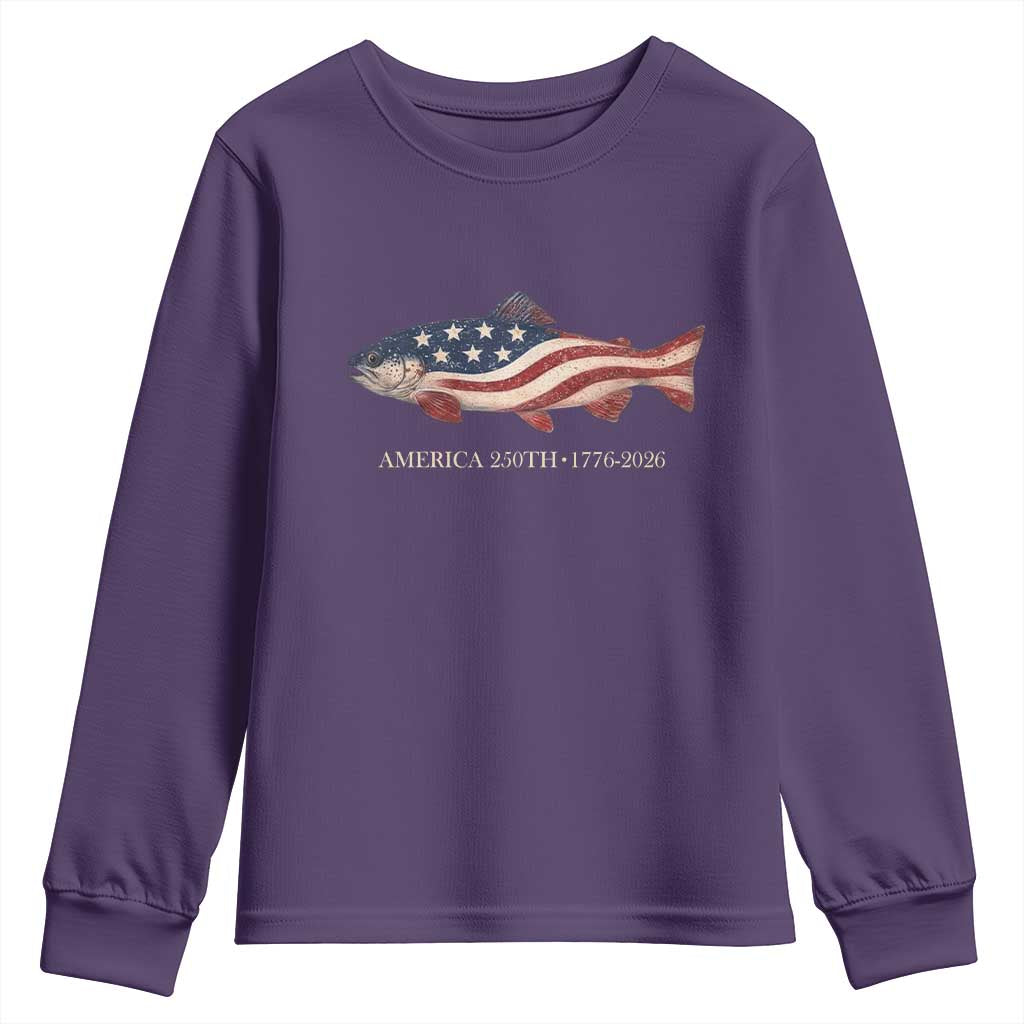 America 250th Anniversary Patriotic Fish Graphic Youth Sweatshirt American Flag Salmon Trout Fishing 1776 to 2026 Semiquincentennial