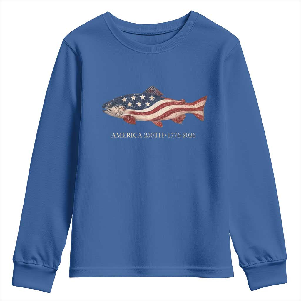 America 250th Anniversary Patriotic Fish Graphic Youth Sweatshirt American Flag Salmon Trout Fishing 1776 to 2026 Semiquincentennial