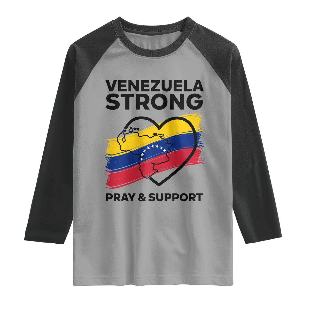 Venezuela Strong Pray and Support Raglan Shirt Solidarity Patriotic Venezuelan Flag Map Heart