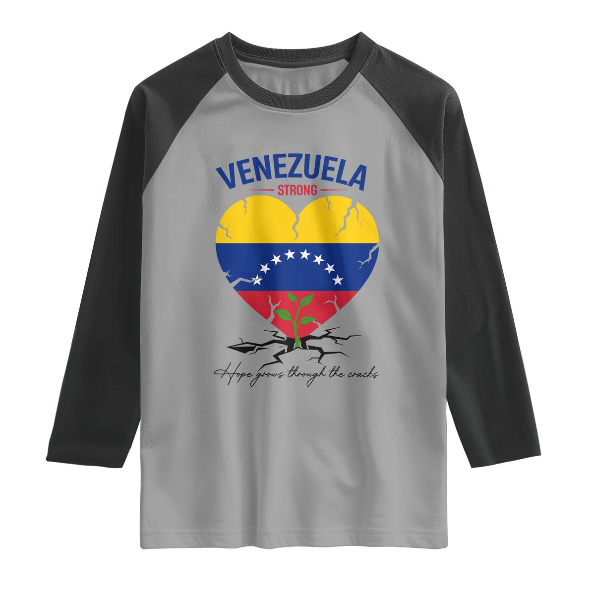 Venezuela Strong Healing Support Raglan Shirt Hope Grows Through Cracks Venezuelan Flag Heart