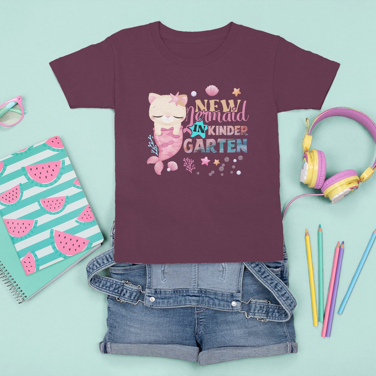 Cute Cat Mermaid T Shirt For Kid New Mermaid In The Kindergarten Girl - Wonder Print Shop