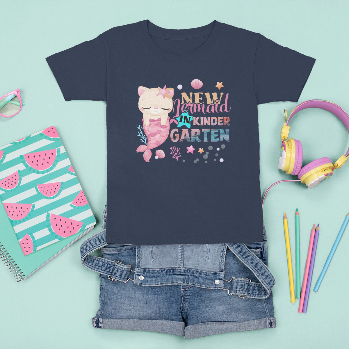 Cute Cat Mermaid T Shirt For Kid New Mermaid In The Kindergarten Girl - Wonder Print Shop