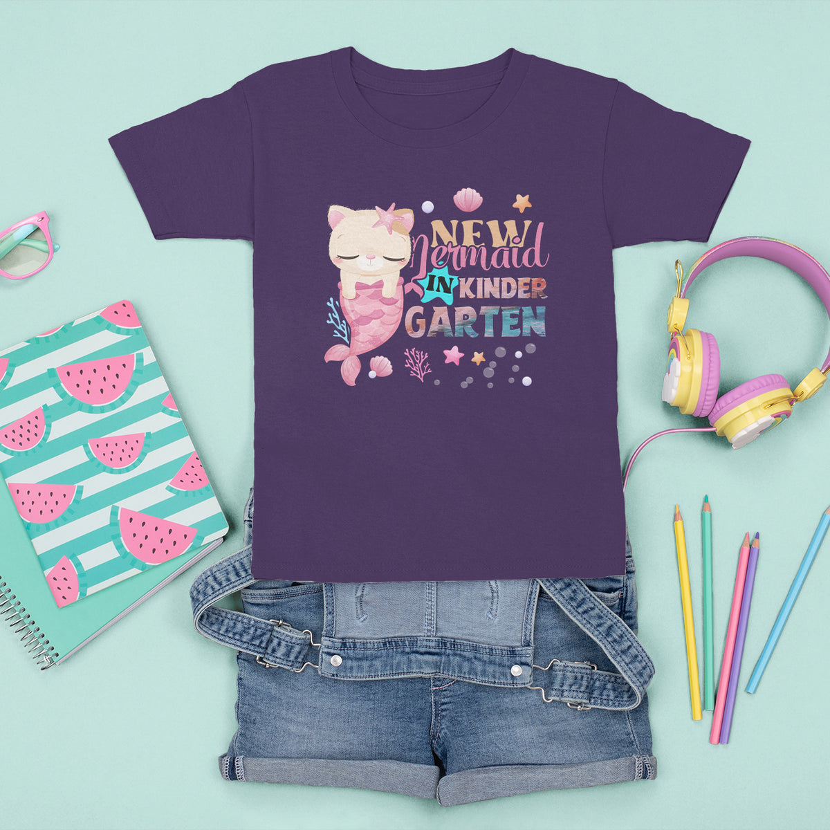 Cute Cat Mermaid T Shirt For Kid New Mermaid In The Kindergarten Girl - Wonder Print Shop