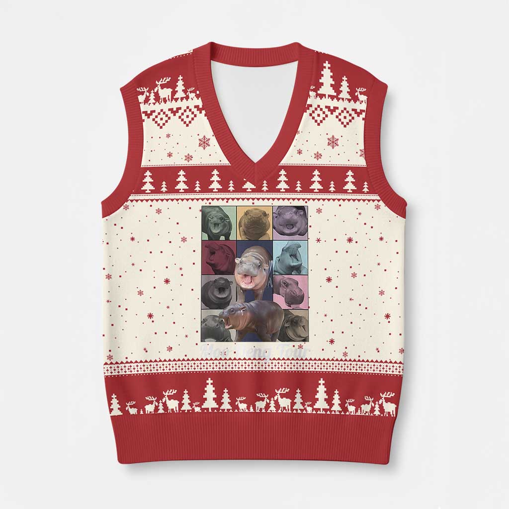 Baby Hippo Moo Deng Tour V-Neck Knit Sweater Vest Bouncy Cute Pygmy Hippopotamus - Wonder Print Shop