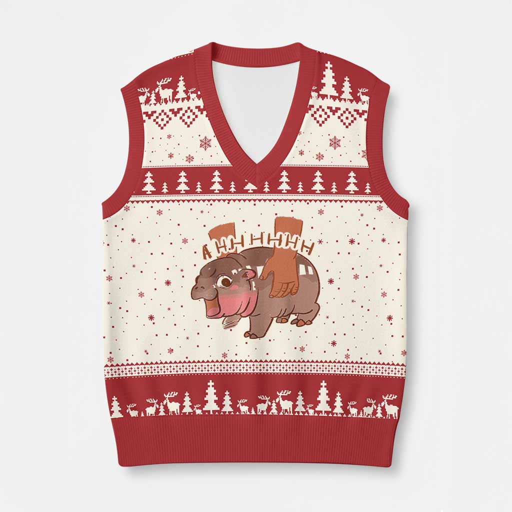 Baby Hippo Moo Deng V-Neck Knit Sweater Vest Bouncy Pig in Thai Picture The Cute Pygmy Hippopotamus - Wonder Print Shop