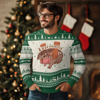 Baby Hippo Moo Deng Ugly Christmas Sweater Bouncy Pig in Thai Picture The Cute Pygmy Hippopotamus - Wonder Print Shop