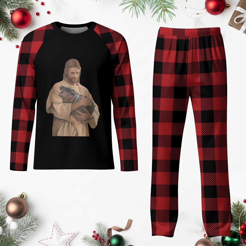 Jesus Loves Moo Deng Plaid Pajama Set Bouncy Pig Cute Pygmy Hippo Meme - Wonder Print Shop