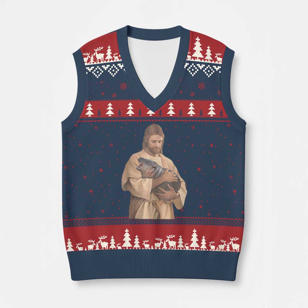 Jesus Loves Moo Deng V-Neck Knit Sweater Vest Bouncy Pig Cute Pygmy Hippo Meme - Wonder Print Shop
