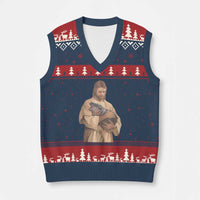 Jesus Loves Moo Deng V-Neck Knit Sweater Vest Bouncy Pig Cute Pygmy Hippo Meme - Wonder Print Shop