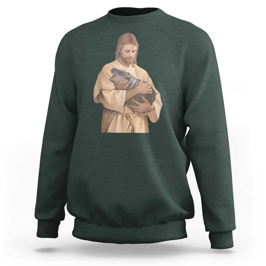 Jesus Loves Moo Deng Sweatshirt Bouncy Pig Cute Pygmy Hippo Meme - Wonder Print Shop