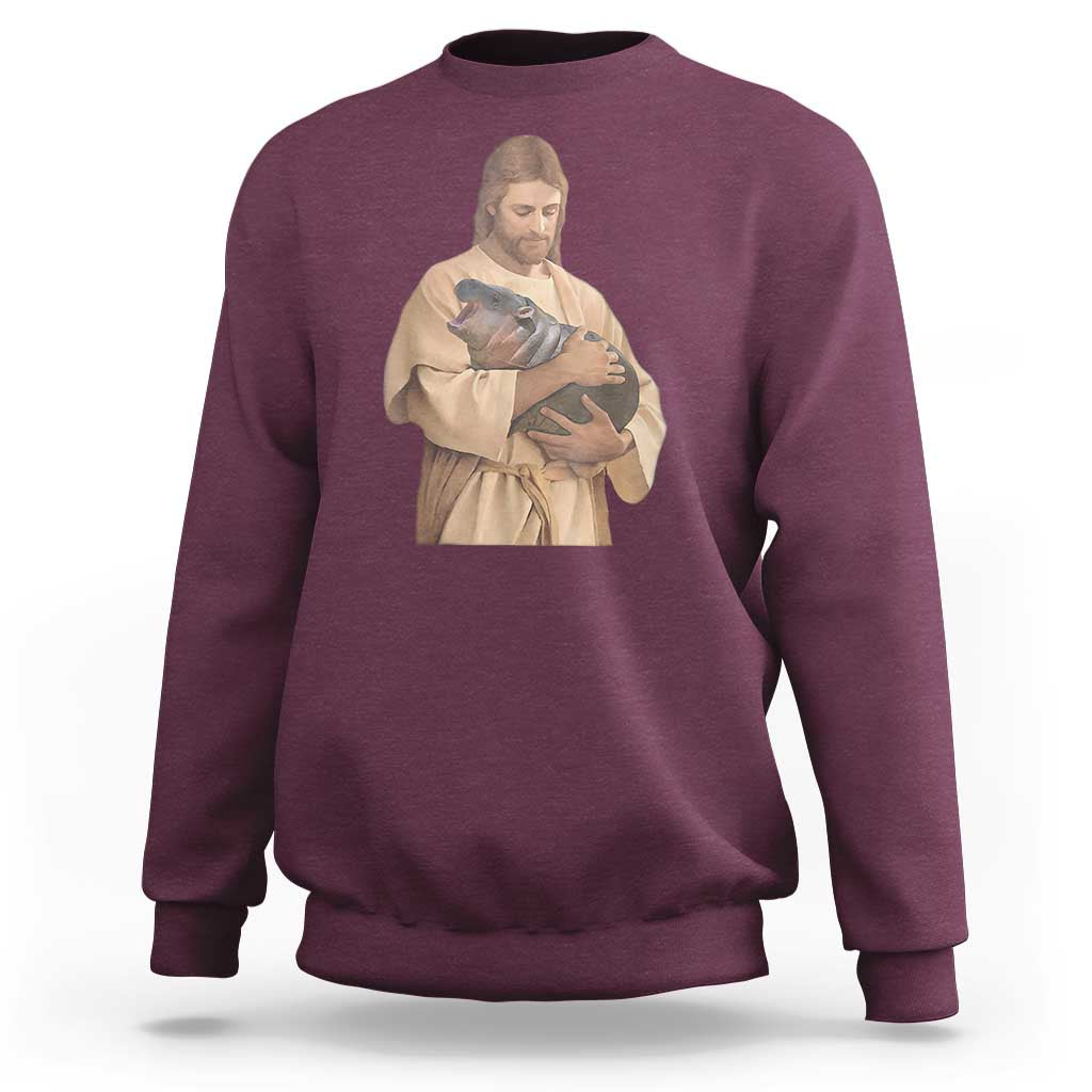 Jesus Loves Moo Deng Sweatshirt Bouncy Pig Cute Pygmy Hippo Meme - Wonder Print Shop