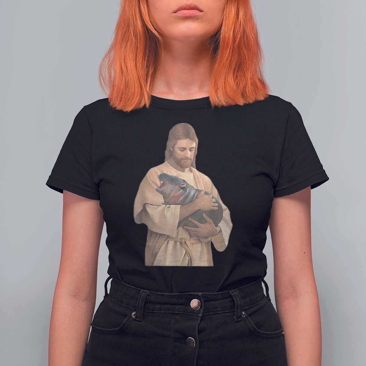 Jesus Loves Moo Deng T Shirt For Women Bouncy Pig Cute Pygmy Hippo Meme - Wonder Print Shop