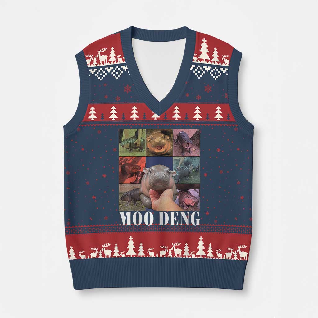 Baby Hippo Moo Deng V-Neck Knit Sweater Vest Pygmy Hippo Cute Zoo For Family - Wonder Print Shop
